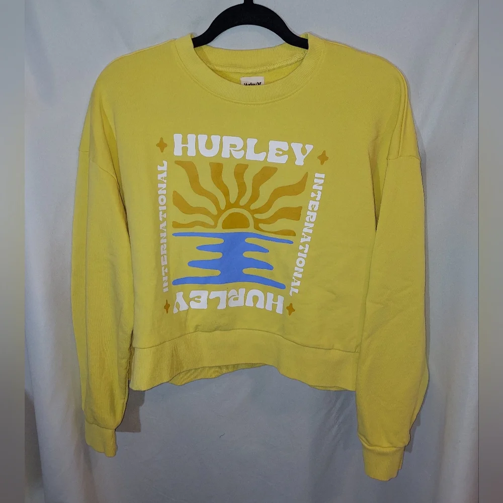 Hurley Cotton Cropped Boxy Skater Yellow Sun Graphic Sweatshirt - Picture 1 of 7